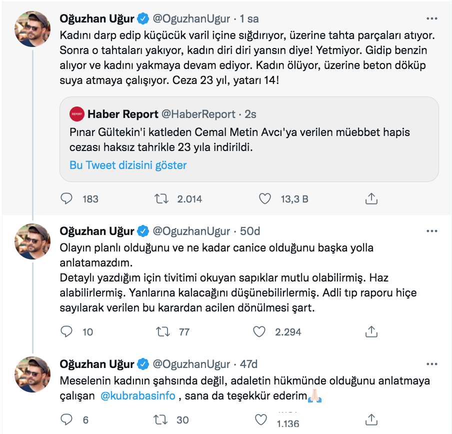 oguzhan ugur dan pinar gultekin in katili cemal metin avci ya verilen ceza ile ilgili carpici yorum